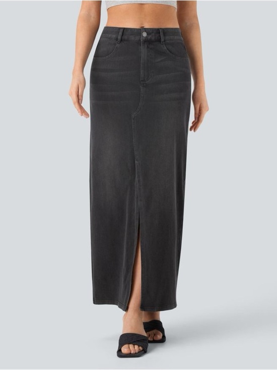 HALARA Dresses & Skirts - Halara Flex Denim Maxi Skirt XS Dark Wash Front Slit Stretch NWT